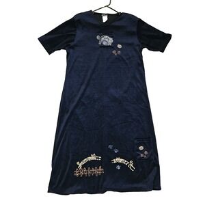 Vintage Liebe Velvet Navy Blue Cat Lady Cozy Nightgown w/Pockets Sz L